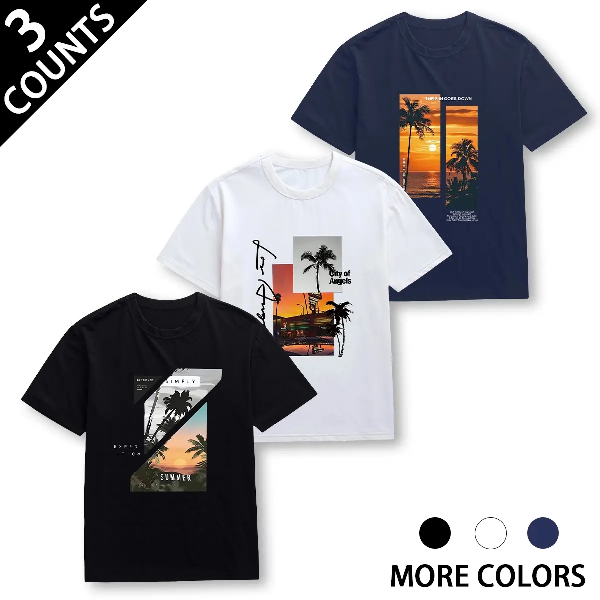 Men's 3-Piece Sunset Palm Tree Pattern Short-Sleeve Retro Printed Pullover T-Shirt - Soft, Breathable, Loose-Fit Menswear Summer Casual Top for Beach Vacations, Tropical Holidays, Tshirt