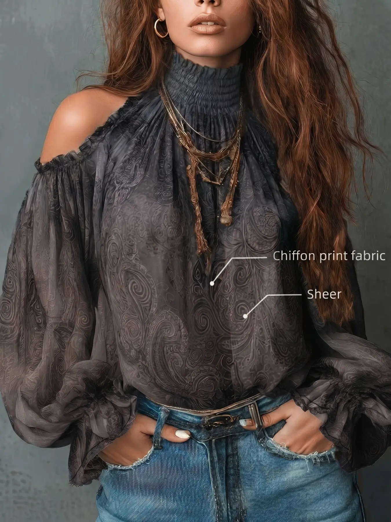 Women's Vintage Off-Shoulder Printed Paisley Loose Blouse Shirt Top, Elegant Retro Design for Casual or Formal Wear, Unique Fashion Piece