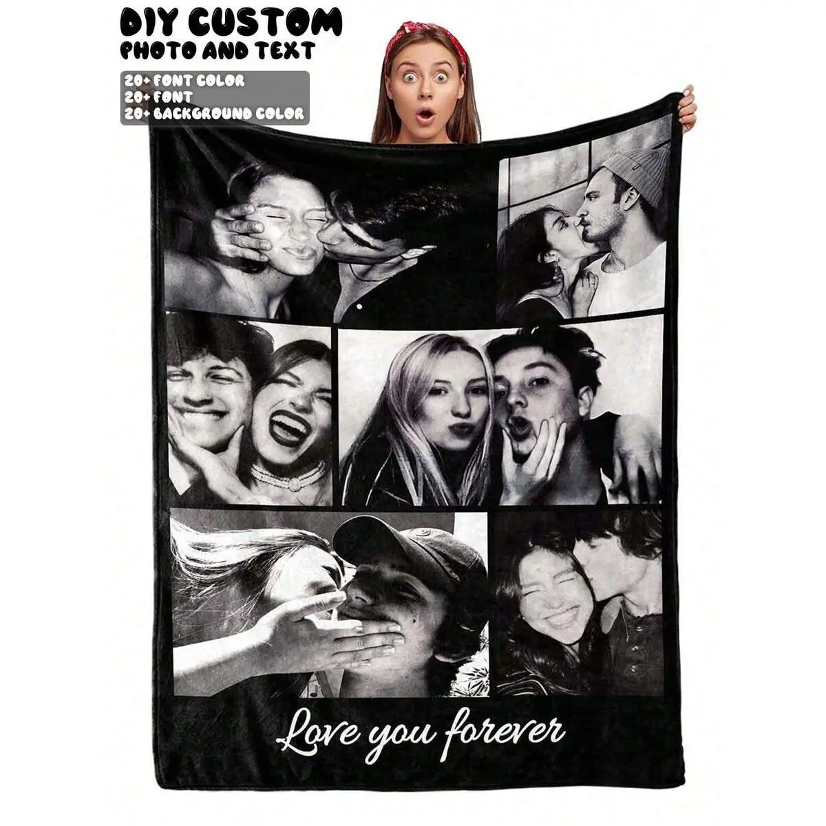 Personalized 6-Picture Black White Flannel Throw Blanket - Custom Handwritten Signature, Wrinkle Resistant, Durable, All Seasons, Cozy Warm Commemorative Birthday Gift for Couples, Retro Home Decor, Name-Addable