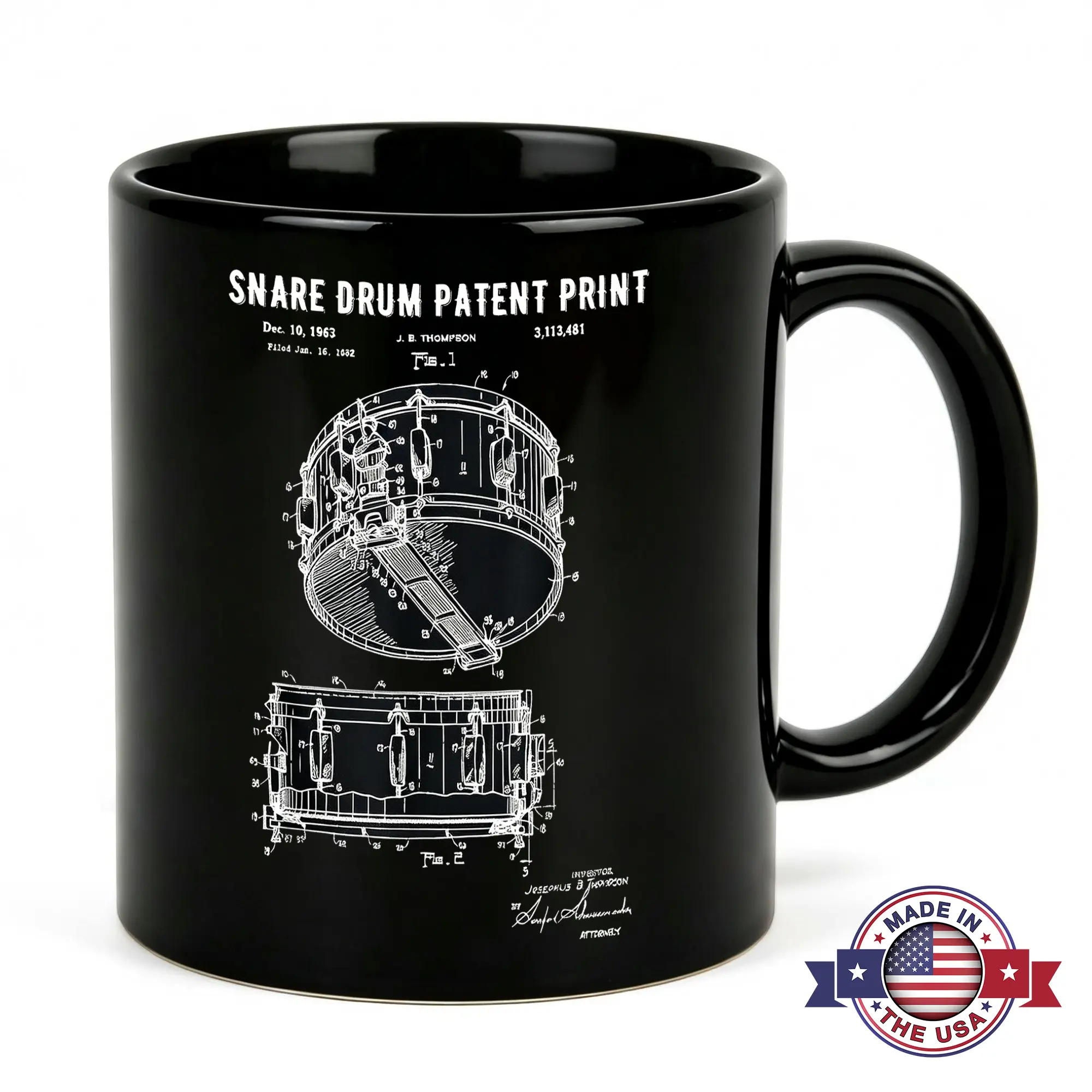 Vintage Snare Drum Patent Print Coffee Mug 11oz Black Ceramic 1963 Musician Blueprint Cup Percussion Instrument Art Novelty Gift for Drummer Music Teacher Band Member Audio Engineer Studio Decor Father's Day Birthday Present