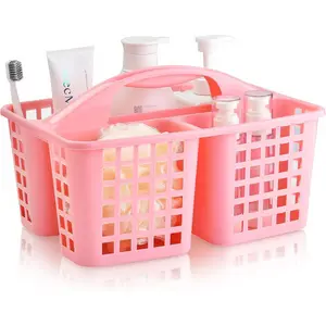 Plastic Shower Caddy Basket with Compartments, Portable Divided Cleaning Supply Storage Organizer with Handle for College Dorm Bathroom - Pink