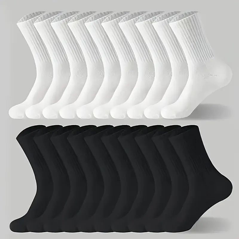 Unisex 10-Pair Solid Black & White Mid-Crew Sporty Track Sock Sets, Breathable Comfortable All-Season Athletic Running Socks for Outdoor Sports Activities