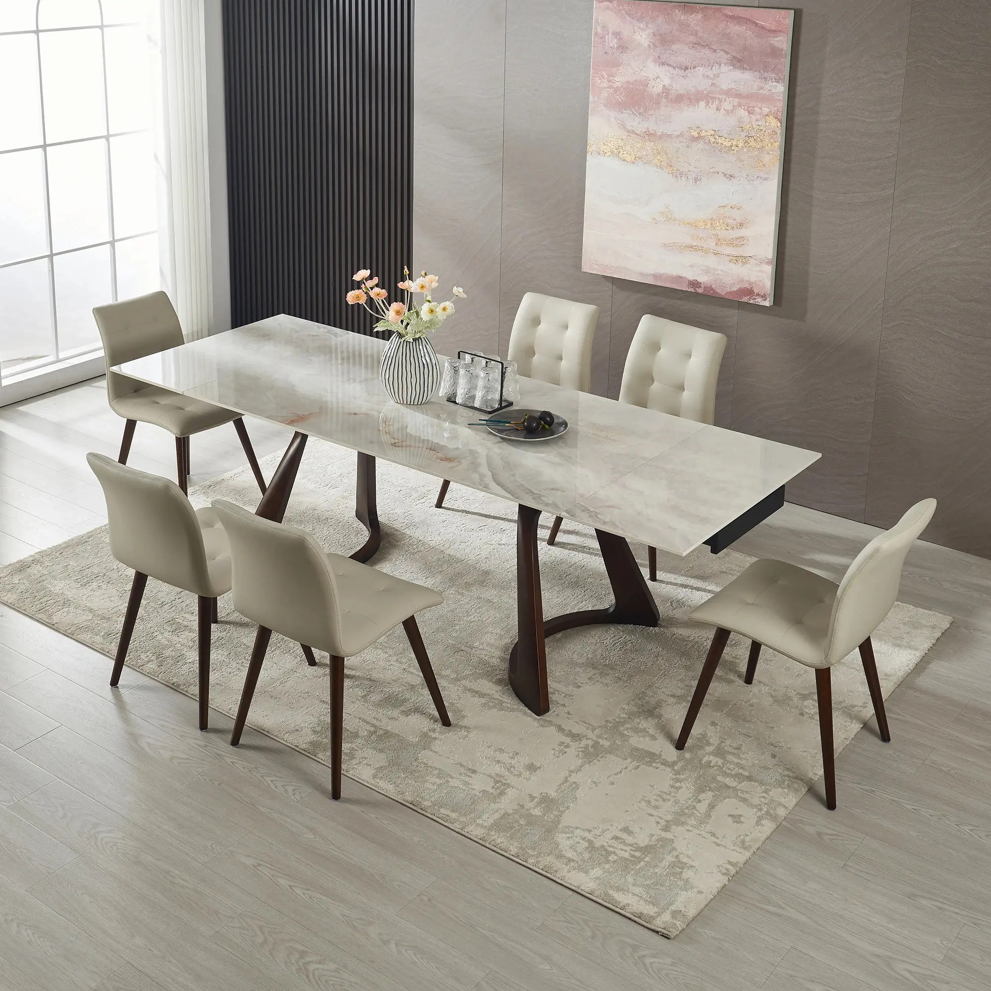 Indoor 6-Piece Modern Luxury Stone Texture Dining Set, Dark Walnut Solid Wood, Rectangular Sintered Stone Top, Stable Metal Frame, Heat-Resistant, Durable, 250 lbs Load Capacity, 63"-94.48" Retractable Expandable Table, Assembly Required, for Family Meals