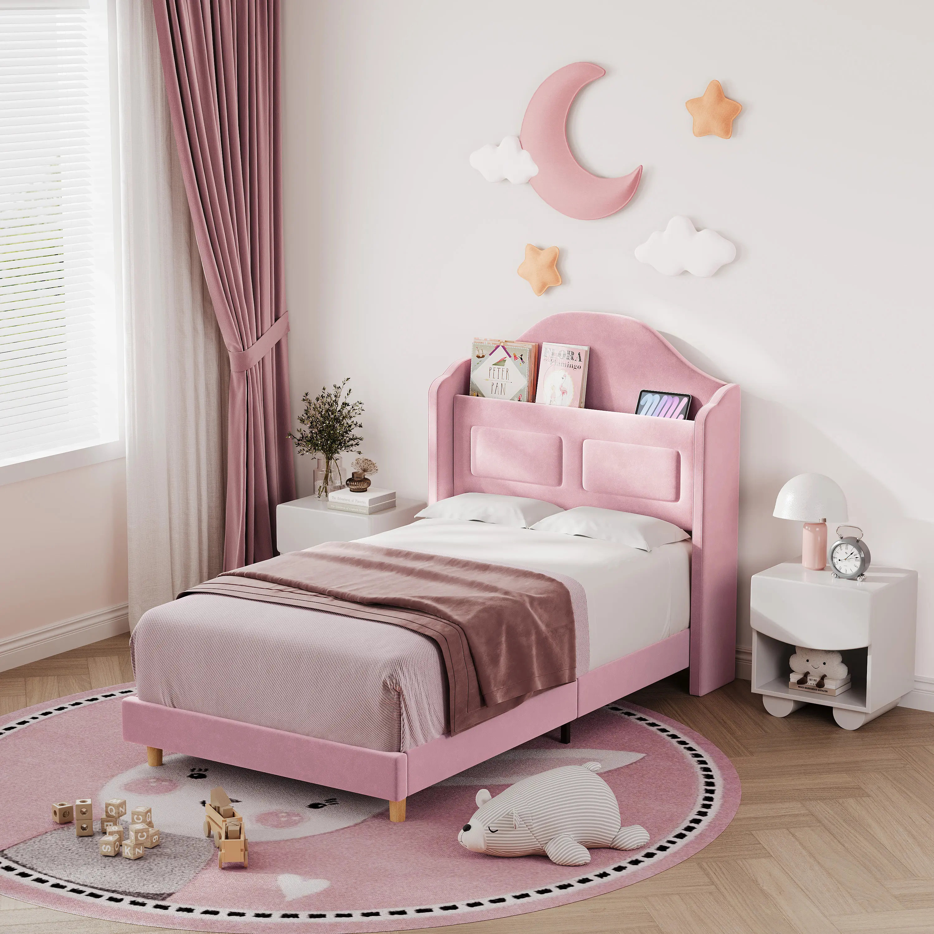 Princess Pink Soft Upholstered Kids Storage Bed Frame, 27.3KG Weight Twin Size Children Platform Bed with Built-in Storage Headboard, 40.35×20.91×6.93 Inch Packaging, Noise-Free Wooden Slats Support for Little Girls Room Decor