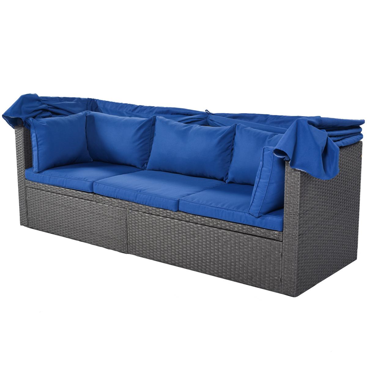 Outdoor Patio Rectangle Daybed with Retractable Canopy,  Wicker Furniture Sectional Seating with Washable Cushions, Backyard, Porch(As same as WY000263AAE)