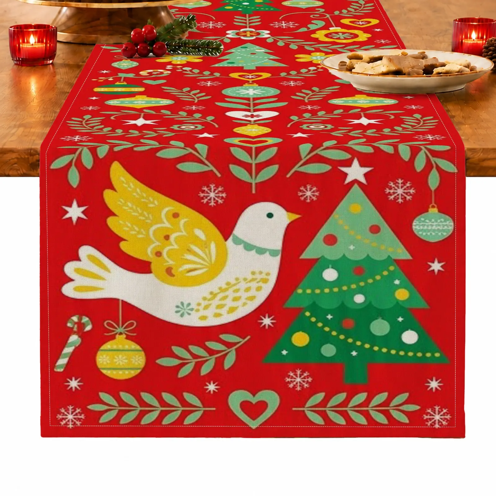 1pc Christmas Tree Dove Candy Cane & Ornament Table Runner, Vintage Christmas Style, for Dining Table, Kitchen, Christmas Dinner & Holiday Gathering, Christmas Table Decoration