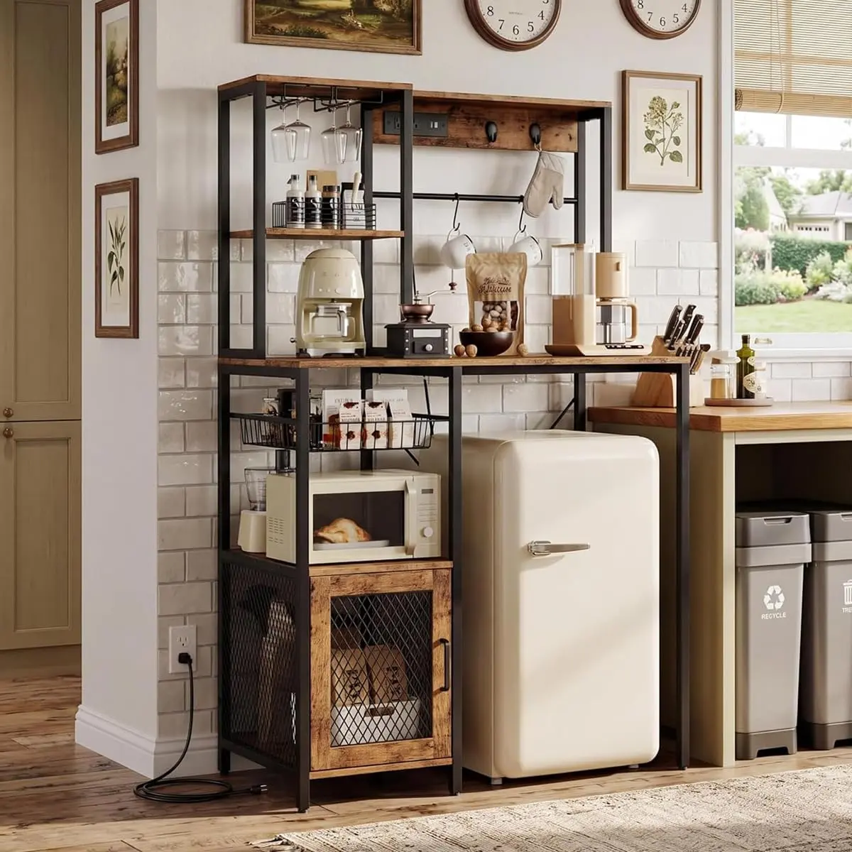 Industrial Kitchen Bakers Rack with Refrigerator Storage – Microwave Stand with Power Outlet – Freestanding Pantry Shelf & Storage Cabine