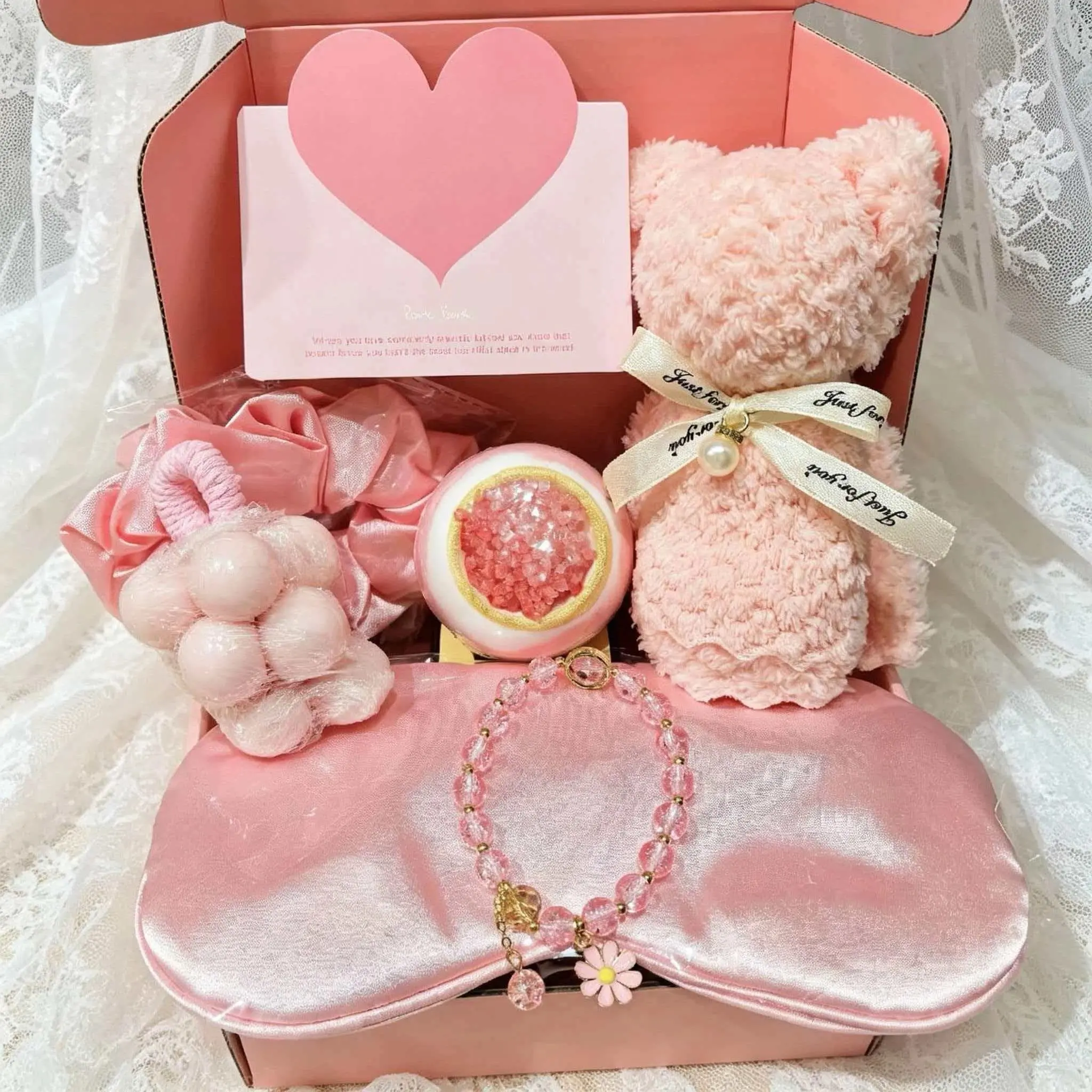 Eight-Piece Collection,Gift Box Set, Satin Eye Mask & Hair Scrunchies, Bath Bombs, Grape Shaped Essential Oil Soap, Healing Energy Bracelet, Bear Shaped Towel, Greeting Card Unique Gift Basket for Sisters & Colleagues, Fun Birthday Present for Girlfriend