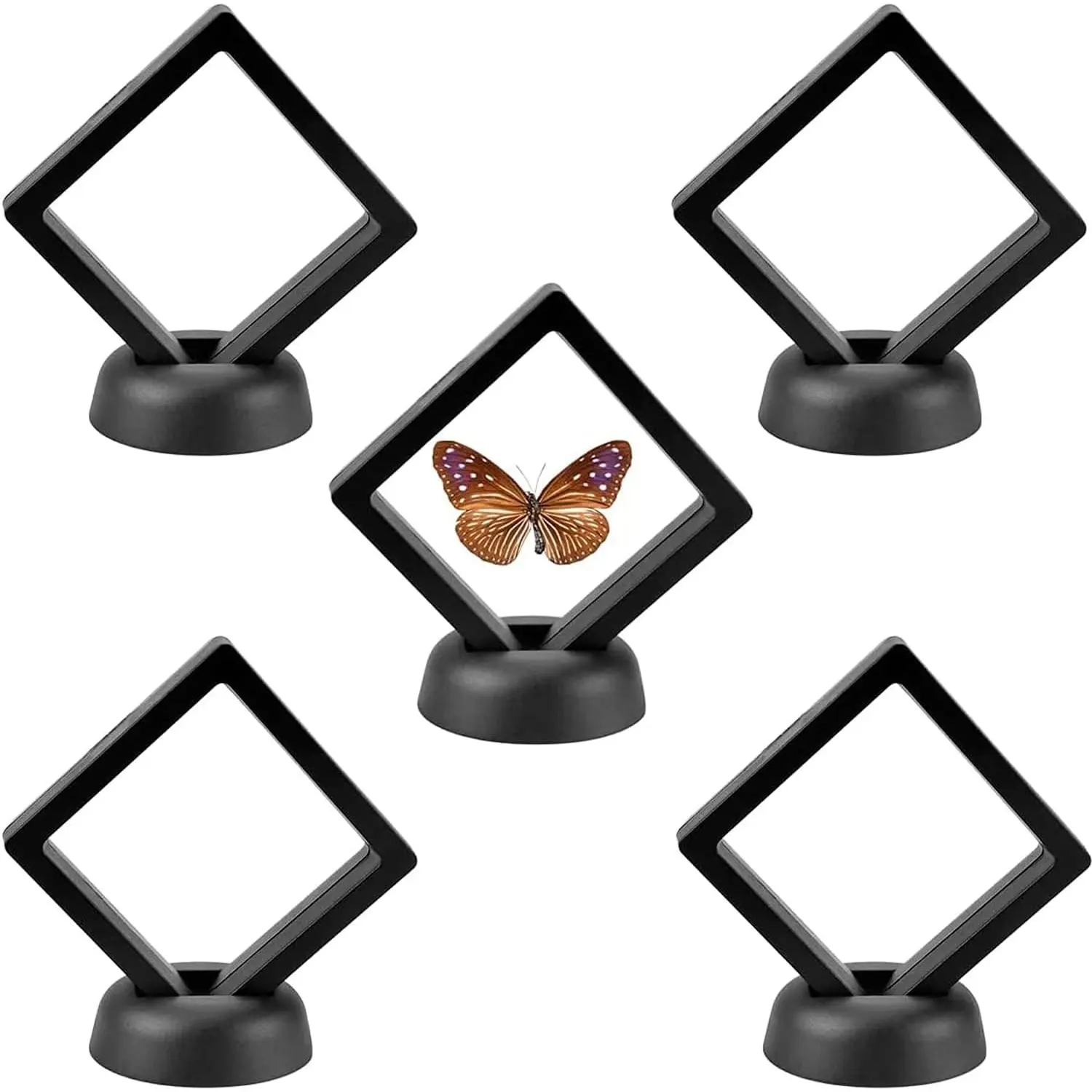 5 Pack  Floating  Display Cases with Stands, Clear Frames | Clear plastic frames for medals, , medallions and specimens; floating display design with stands for shelves or desks