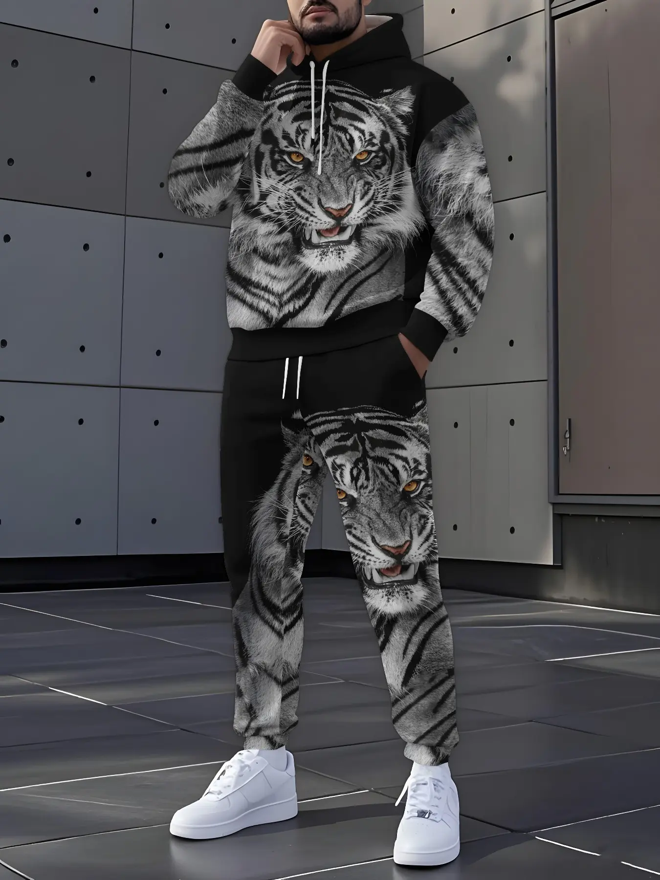 Men'S Fashion Hoodie And Pants 2pcs Set With Unique Tiger Print Casual Tracksuit Trendy Sportswear Comfortable Breathable Outfit For Daily Streetwear Matching And Leisure Activities Athleisure Wear Set
