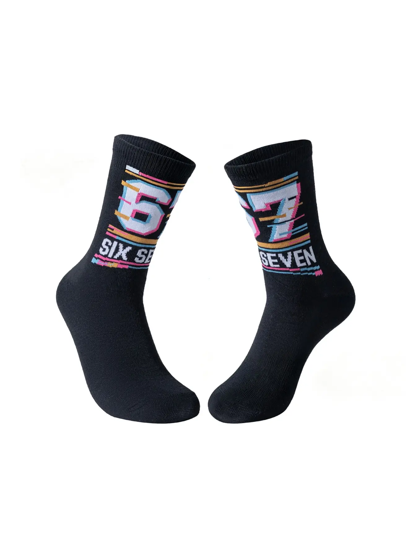 2 Pairs New Digital 67 Unique Pattern Graffiti Letter Mid-Calf Socks, Sporty Basketball Socks, Unisex Printed Socks