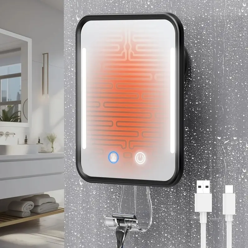 Heated Shower Mirror Fogless for Shaving with Light, 5000mAh Rechargeable , Detachable Suction Cup and Razor Holder for Wall, NO-Drilling, Removable,  for Bathroom - Black