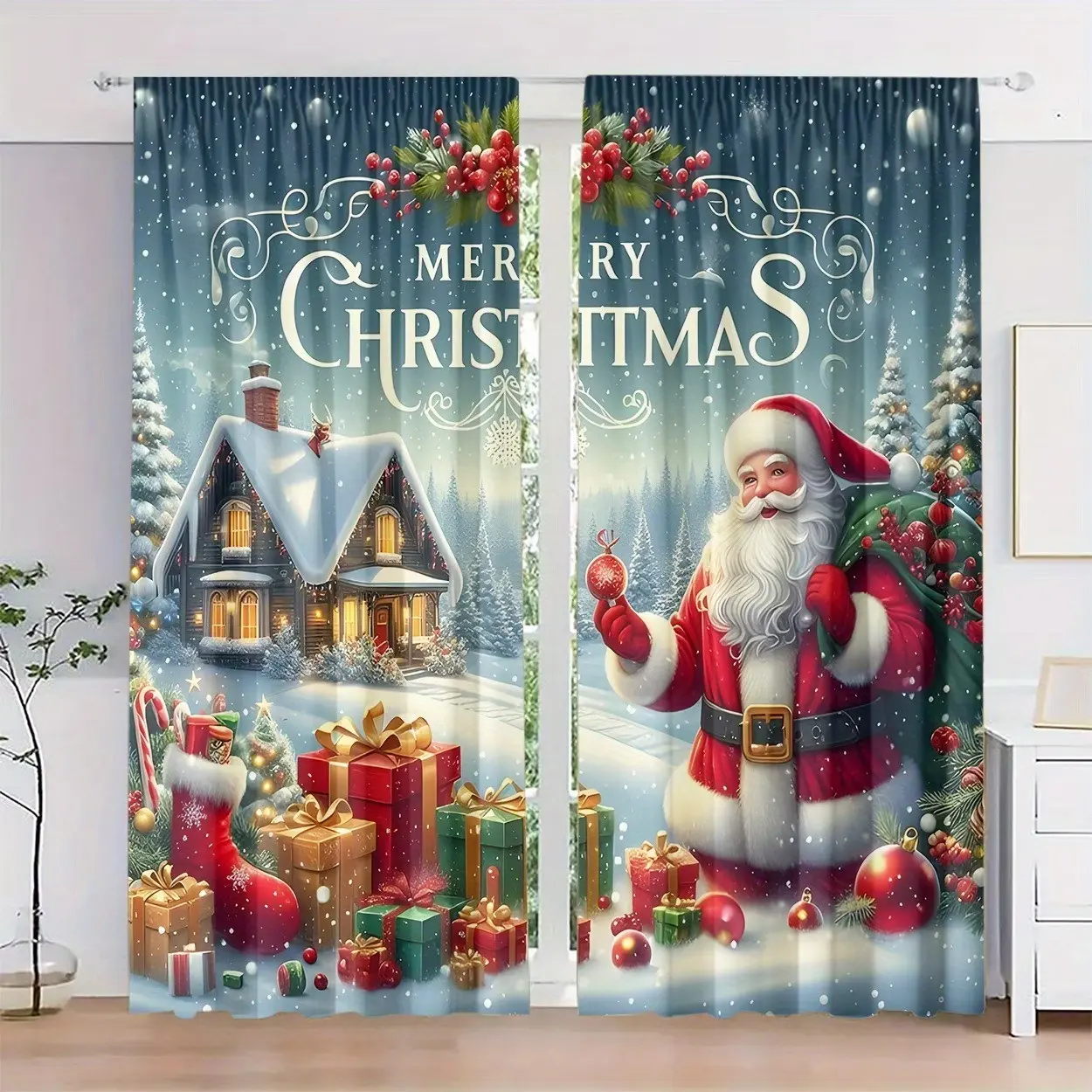 2-Pack Santa Claus Print Curtains, Transparent Design, Rod Pocket, Suitable for Bedroom, Living Room, Office, Home Decor, Christmas Curtains