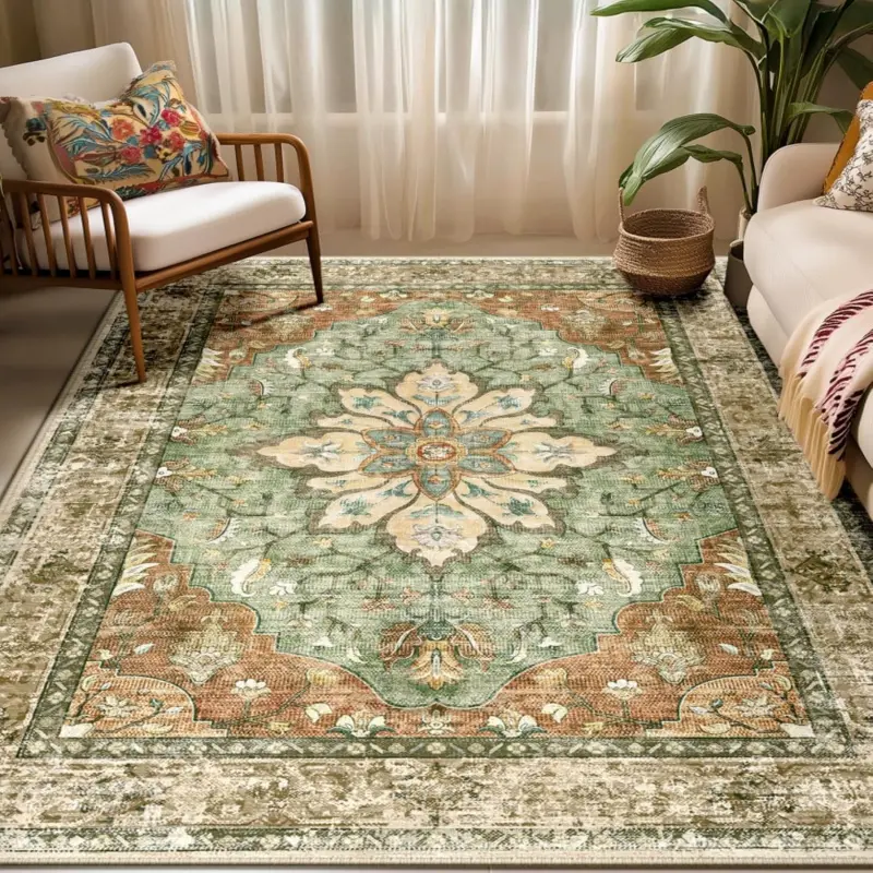 Rectangle 5' x 7' Washable Non-Slip Home Area Rug, Floral Vintage Distressed Medallion Carpet for Living Room, Terracotta Burnt Orange Green