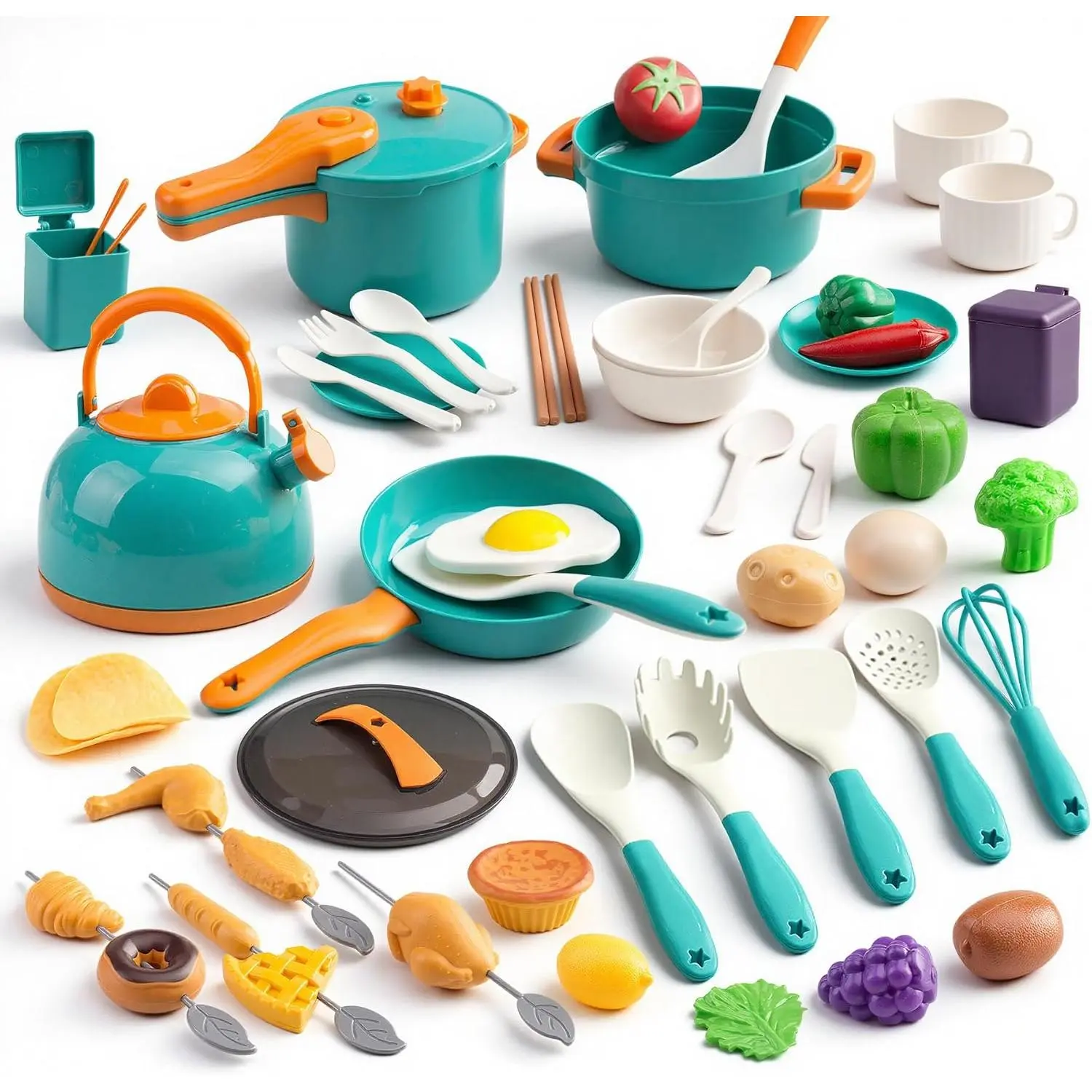 60Pcs Kids Mini Play Kitchen Accessories, Pretend Cooking Play Set with Cookware, Tableware & Fruit & BBQ Sets, Learning Gift for Boys, Girls, Toddlers,Greenfidget toys