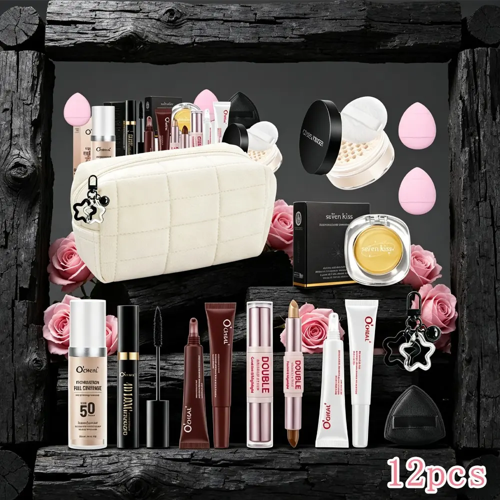All-in-One 12 Pcs Full Face Makeup Kit with Cream Pouch - Foundation, Mascara, Lip Gloss, Contour & Sponge - Professional & Travel-Friendly Beauty Set for Beginners & Daily Use Cosmetic Makeup Set