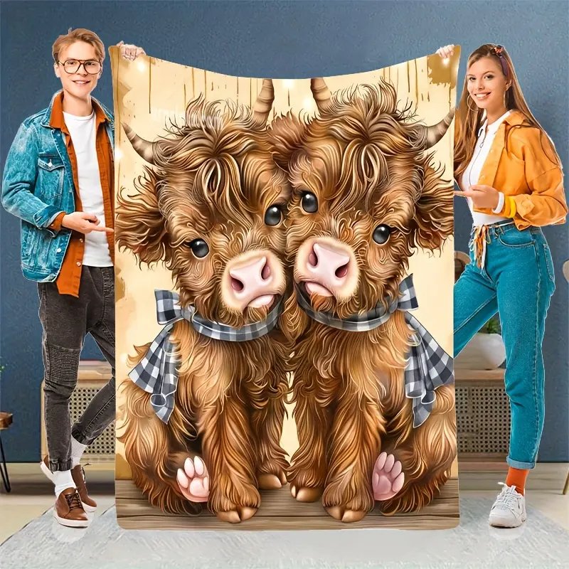 Two Cute Highland Cow with Buffalo Plaid Bow Flannel Throw Blanket, Rustic Farmhouse Calf Print Blanket, Soft All Season Cozy Throw for Sofa Bed Bedroom, Country Home Decor & Gift
