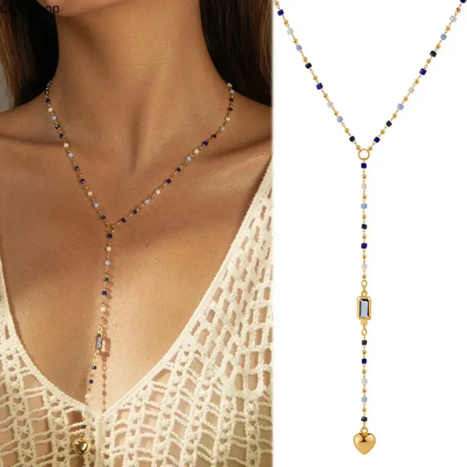 Colorful Crystal Heart Pendant Y-Shaped Long Sweater Necklace, Fashion Layering Women Neck Jewelry, Versatile Daily Accessory for Autumn Winter Outfit & Casual Styling