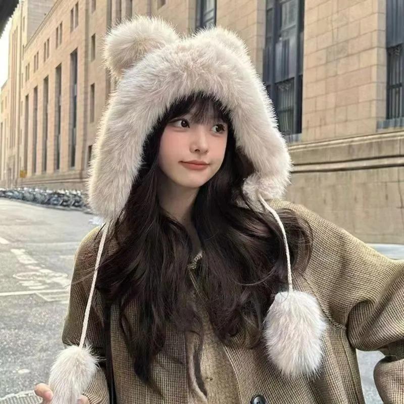 Winter  New Women's Plush Cute Bear Ear Hat ,Thicken and Warm Ear Protection Wind and Snow Hat  Plush Little Bear Lei Feng Hat