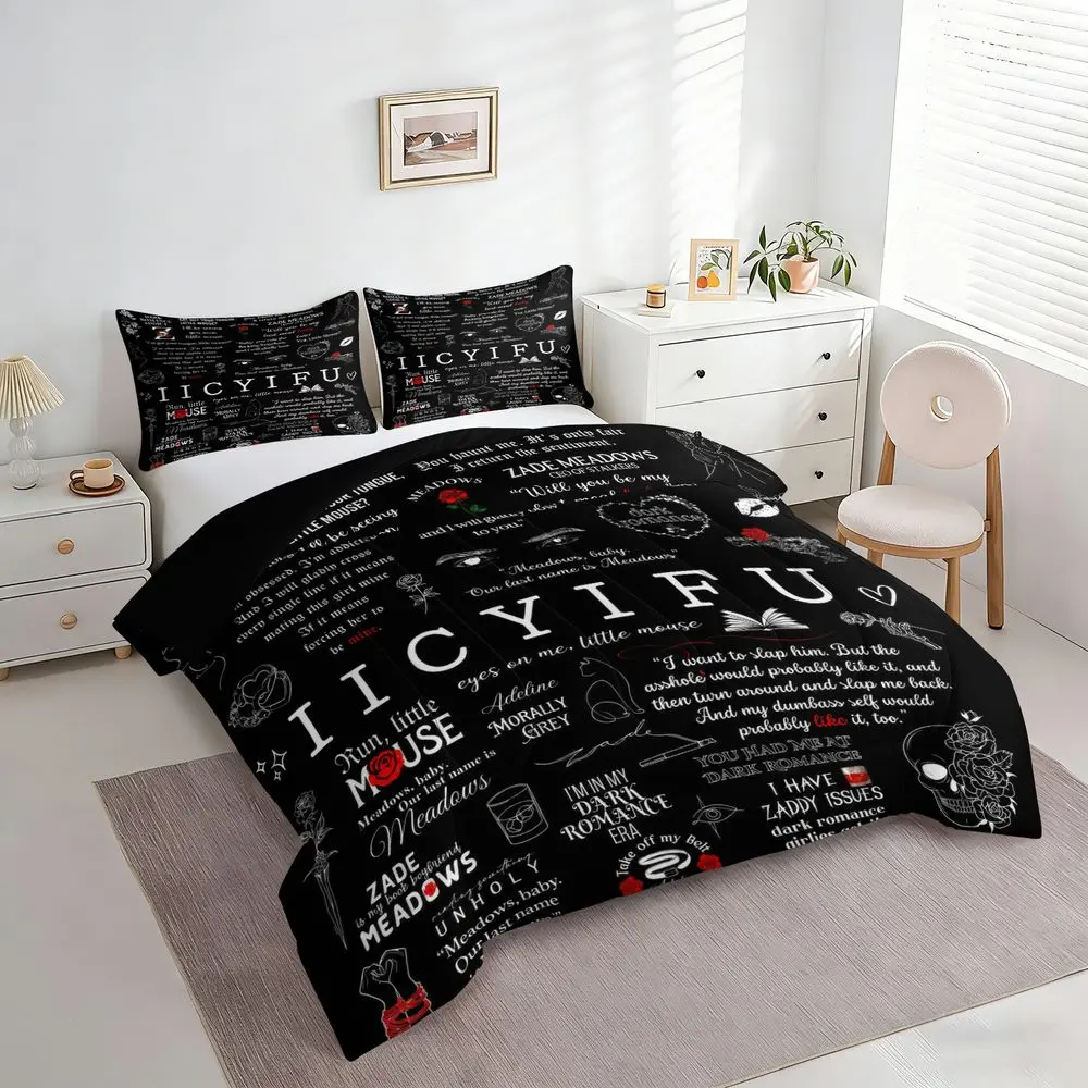 2/3Pcs Dark Romance Bookish Comforter Set, Gothic Rose Skull Bedding Set for Teen Girls, Soft Aesthetic Quilt Bedspread with Pillowcase, Bedroom Decor Gift No Pillow Core