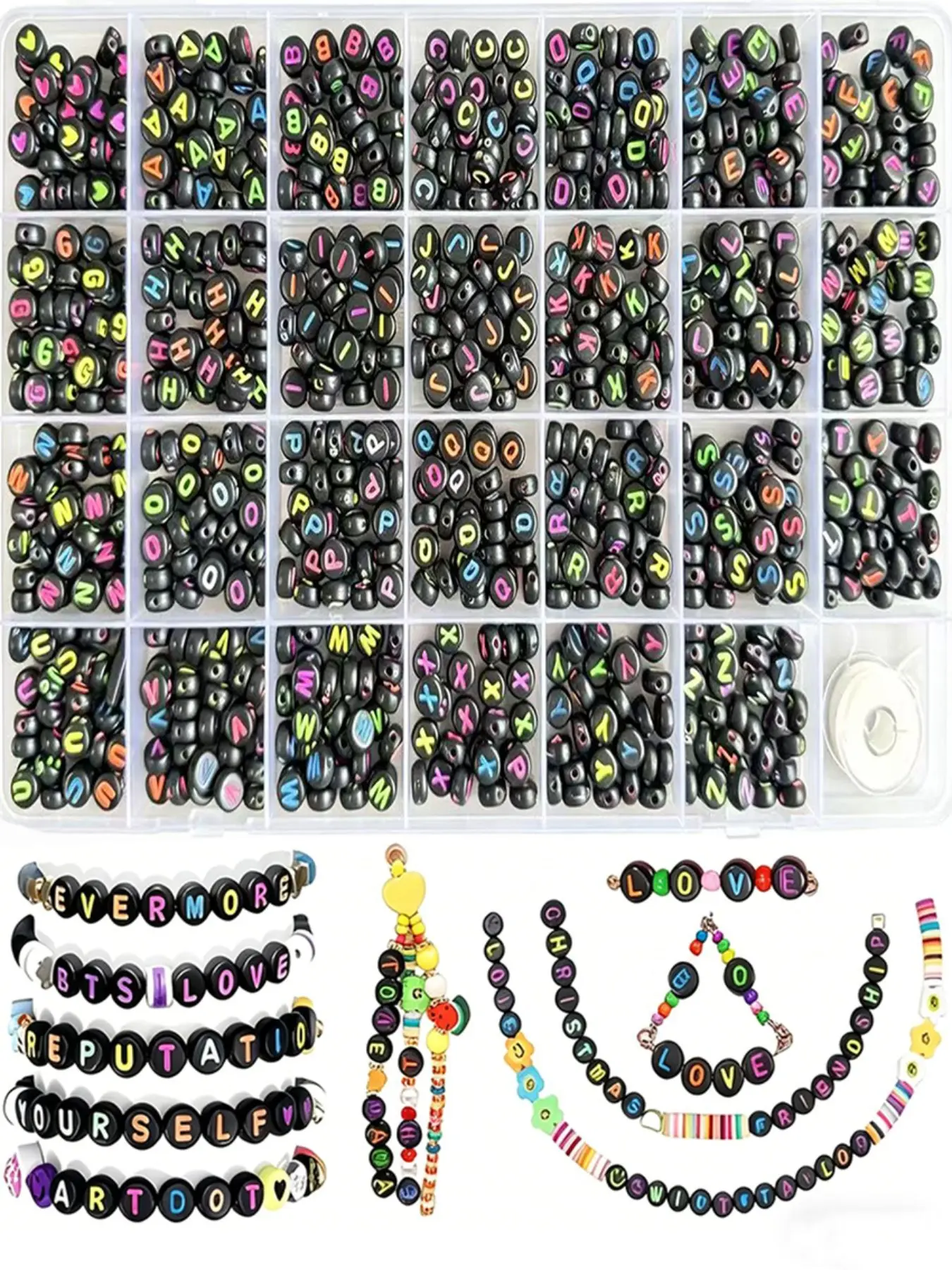 1200pcs Acrylic Letter Set, 24 Grids 4x7mm Acrylic Alphabet Beads Box with Elastic Thread, Bead Assortment, Customizable Beads, Diy Beading, Beading Supplies, DIY Jewelry Making Kit