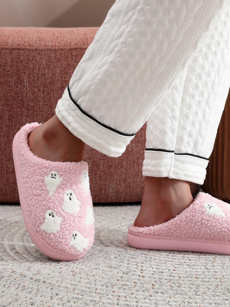 Women's Cute Cartoon Ghost Pattern Plush Slippers, Warm Casual Soft Comfortable Home Slippers, Warm Slippers for Indoor & Outdoor Use for All Seasons
