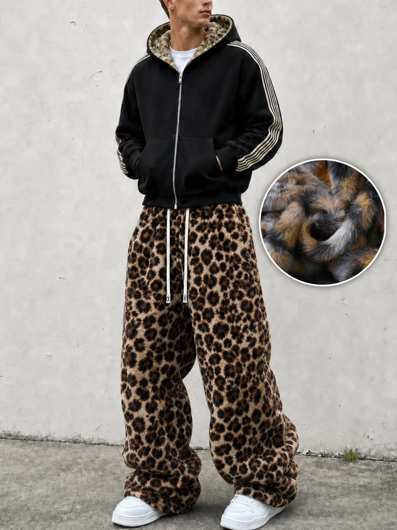 Men's 2 Piece Leopard Print Plush Tracksuit, Full Zip Hooded Jacket and Baggy Wide Leg Pants, Warm Soft Casual Streetwear Set for Fall and Winter#MensPlushTracksuit #LeopardPrint #TwoPieceSet #PlushHoodie #ZipUpJacket#BaggyPants #WideLegPants #WarmOutfit