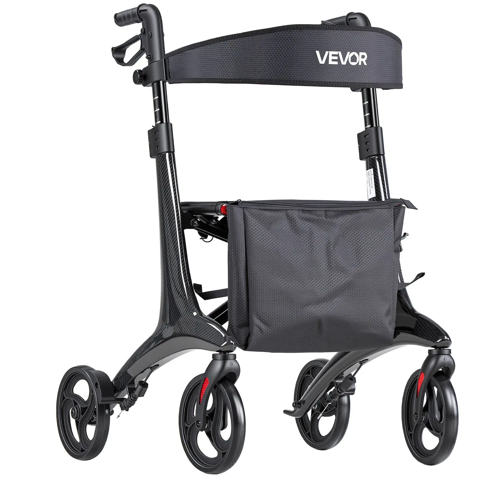 VEVOR Carbon Fiber Foldable Rolling Walker with Seat for Seniors, Lightweight Compact Mobility Aid, 8" Puncture-Resistant Shock-Resistant Solid PVC Wheels, Height-Adjustable Handle, Responsive Hand Brakes with Parking Function - Supports up to 300LBS