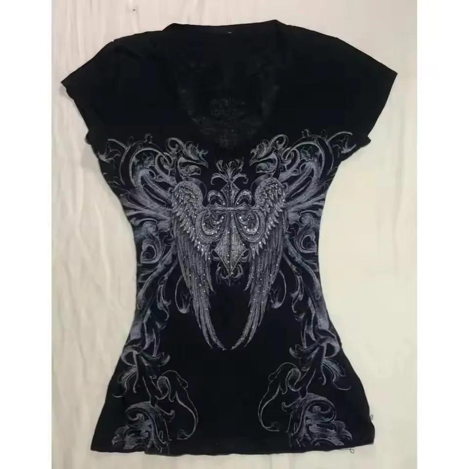 2026 American Style Y2K Slim-Fitting Short-Sleeved Printed Top High Street Casual T-Shirt Fashion Retro Women'S Clothing New