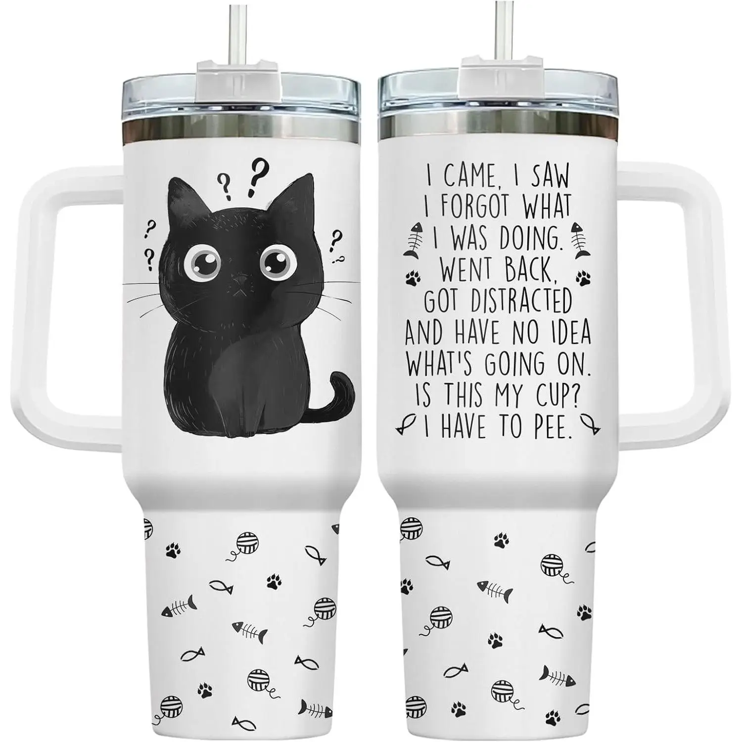 Funny Black Cat Tumbler 40oz with Handle and Straw, Cute I Came I Saw Cup Furry Friend Travel Coffee Mug - Birthday Gifts for Feline Cat Lovers & Him Her