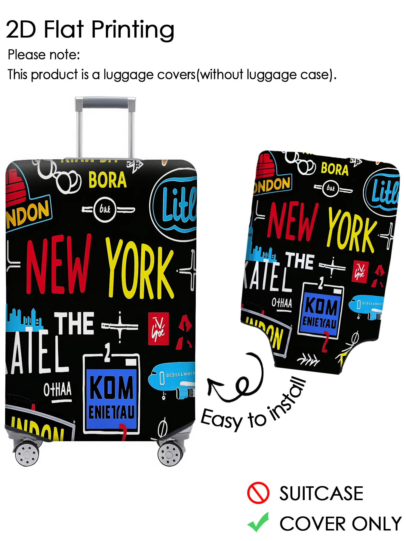 Black background graffiti on New York and London landmarks, luggage cover, luggage dust cover, dust-proof, scratch resistant, personalized pattern not easily confused, suitable for 18-32 inch luggage, essential travel accessory