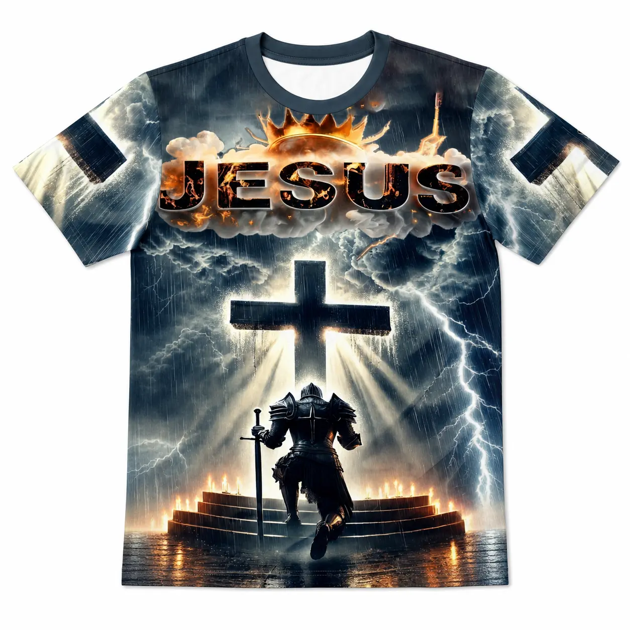Men's Jesus lettering, cross, storm clouds, andarmored believer Graphic T-Shirt, Short SleeveCrew Neck All Over Print Tee, Casual StatementTop, armor of God shirt, Jesus cross tee,Christian warrior T-shirt, faith apparel, religiousgift