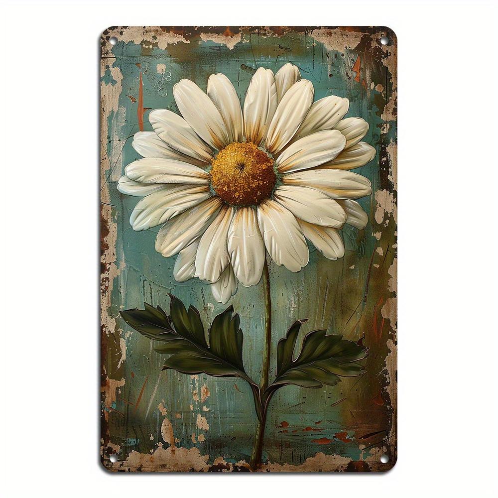 Vintage White Daisy Hand Painted Metal Wall Sign Retro Home Bar Cafe Decor Durable Art Signage for Living Room Club Gift 8x12 Inches Rustic Farmhouse Kitchen Pub Wall Decor