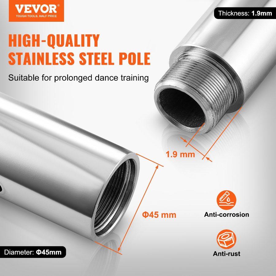 VEVOR Professional Dancing Pole, Spinning Static Dancing Pole Kit, Portable Removable Pole, 45mm Heavy-Duty Stainless Steel Pole, Height Adjustable Fitness Pole, for Exercise Home Club Gym, Silver