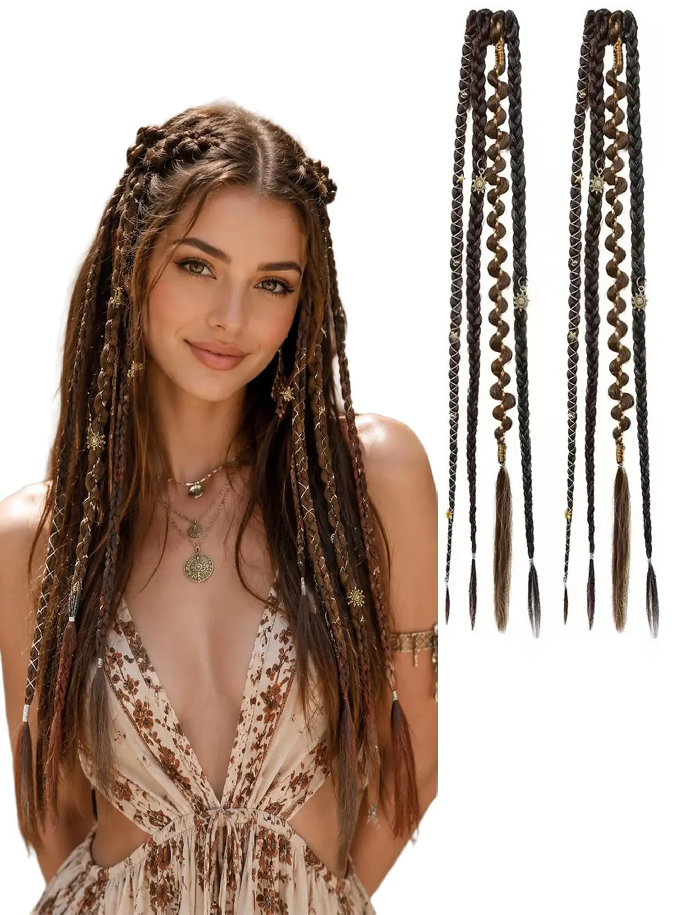 2pc Clip in Braid Hair Extensions for Women 20" Boho Dreadlock Clip in Braids with Beads & Charms, 2PCS Handmade Synthetic Braided Hairpieces for Cosplay Daily Styling