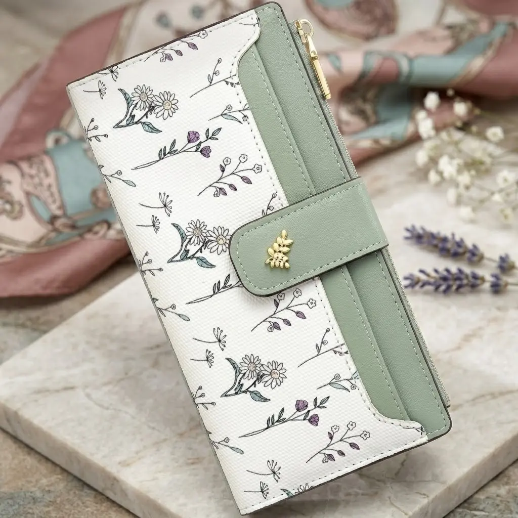 Women's High-Capacity Slim Fit Bifold Vegan Leather Wallet - RFID Blocking, Floral Print, Zipper Pocket, Neat Stitching - For Daily Use, Festive Party Gift