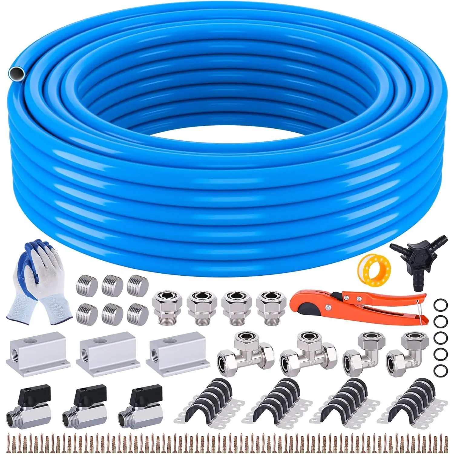 Compressed Air Line Kit, 3/4 Inch ID x 100FT HDPE-Aluminum Compressed Air Piping System, Garage Air Compressor Line Kit Accessories for Shop| 200 PSI| 90PCS