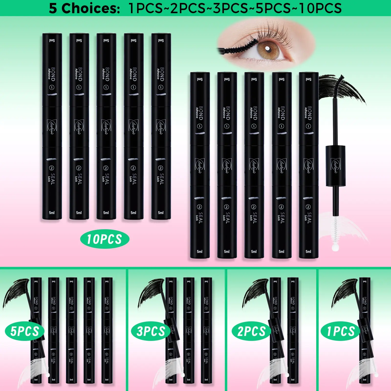 Lashsun 10pcs/5pcs/3pcs Eyelash Bond And Seal Waterproof Eyelash Extension Eyelash Cluster Glue, Glue Lash Clusters, 2-In-1 Eyelash Cluster Glue DIY Eyelash Extension At Home (10ML) False Eyelash Adhesive Makeup Cosmetic