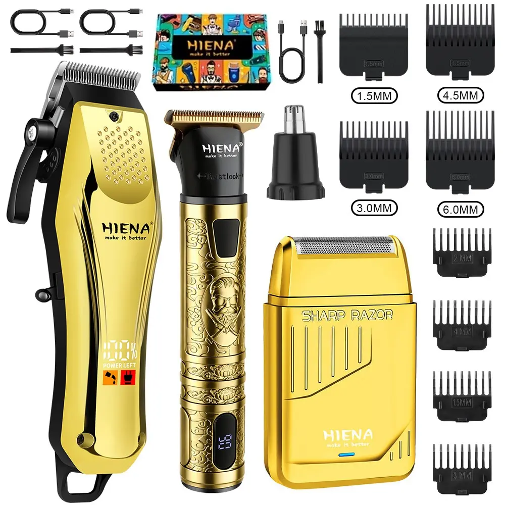 Four piece men's hair cutting set, Trimmer Kit, including electric hair clippers, beard trimmers, nose hair trimmers, and razors, suitable for home hair salons, making it easy to create handsome hairstyles