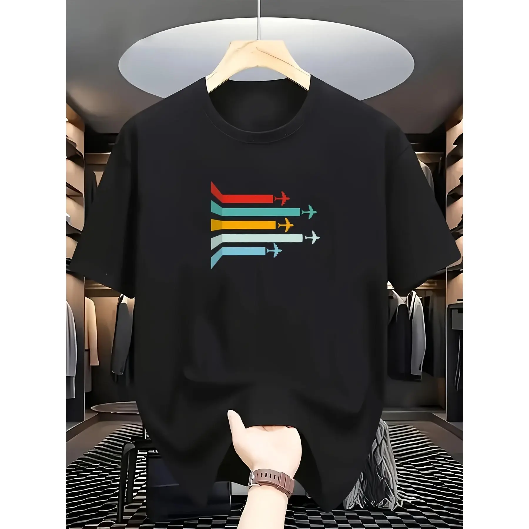 Men's Graphic Print T-Shirt, Vintage Aviation Style Polyester Short Sleeve Crew Neck Top for Summer Travel, Shortsleeve, Tshirt, Fabric, Menswear, Stretch