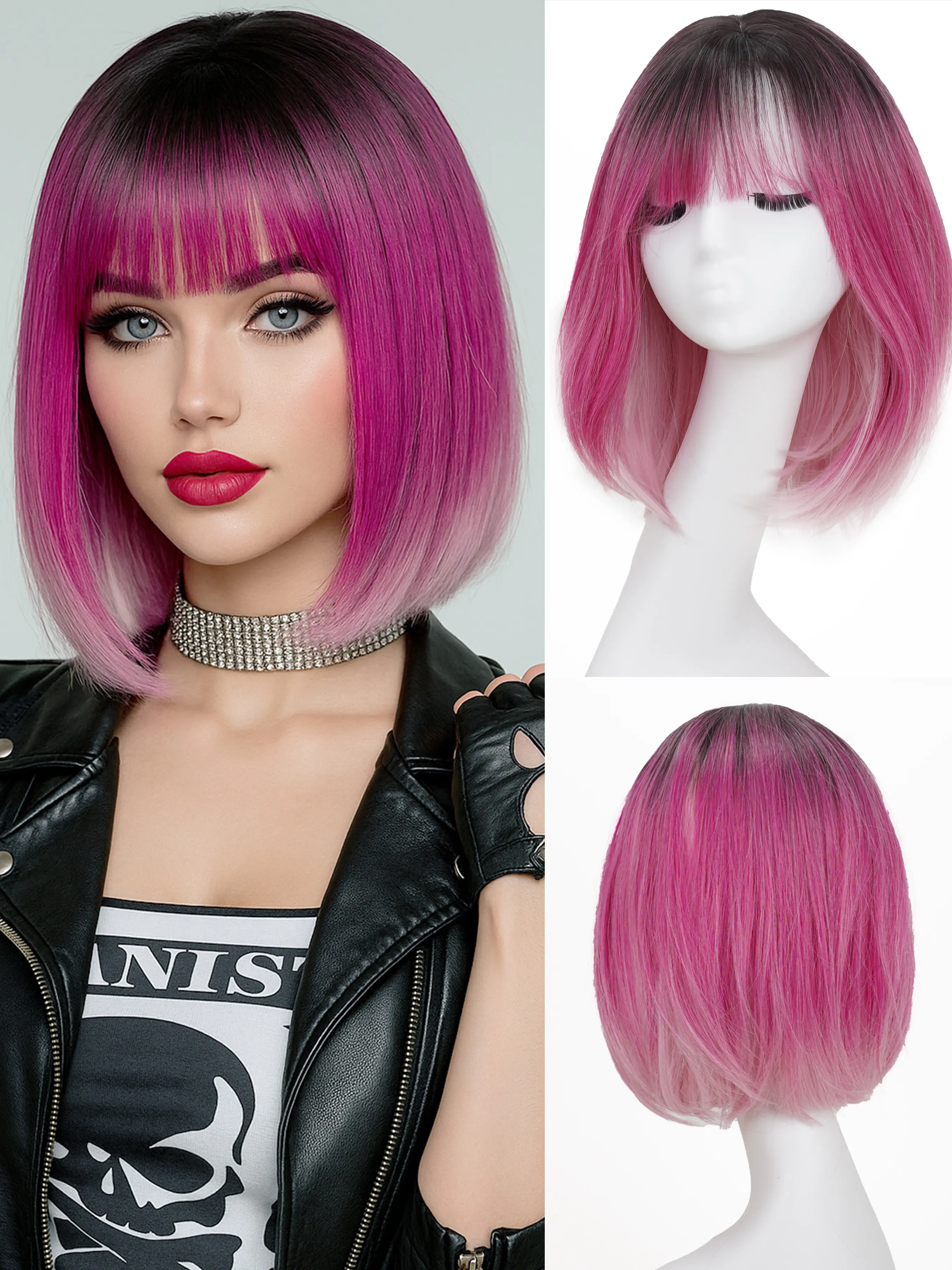 Short Straight Wig with Bangs, Short Synthetic Hair Wigs Rose Red Gradient Wig, Easy to put on and suitable for beginners, Heat Resistant 150% Density Staight BOB Wig for Women Daily, Cosplay, Halloween, Christmas Used