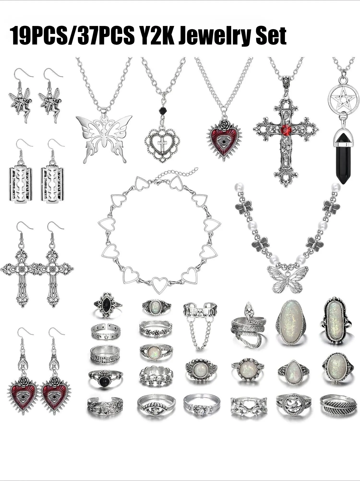 37Pcs/19Pcs Grunge Vintage Punk Necklace Jewelry Set Gothic Earrings Fairy Butterfly Boho Crystal Y2k Cross Pendent Butterfly Heart Choker Goth Stackable Knuckle Rings Adjustable Y2k Accessories for Women Men
