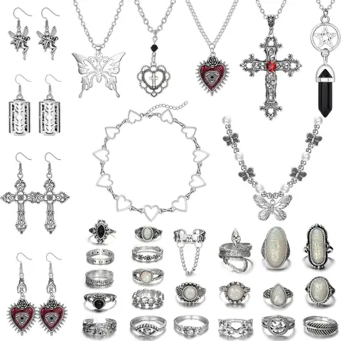 37Pcs/19Pcs Grunge Vintage Punk Necklace Jewelry Set Gothic Earrings Fairy Butterfly Boho Crystal Y2k Cross Pendent Butterfly Heart Choker Goth Stackable Knuckle Rings Adjustable Y2k Accessories for Women Men