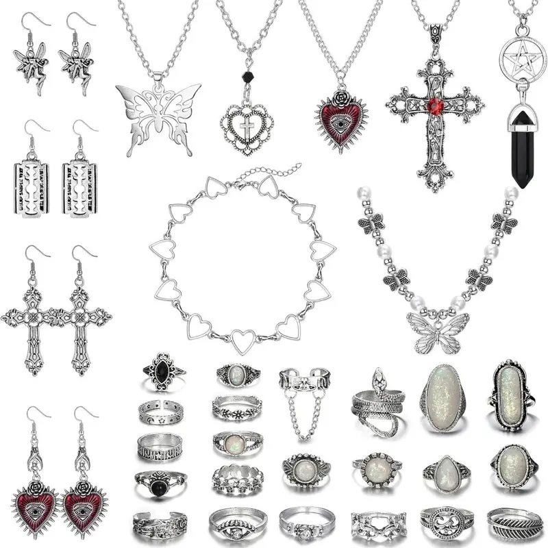 37Pcs/19Pcs Grunge Vintage Punk Necklace Jewelry Set Gothic Earrings Fairy Butterfly Boho Crystal Y2k Cross Pendent Butterfly Heart Choker Goth Stackable Knuckle Rings Adjustable Y2k Accessories for Women Men