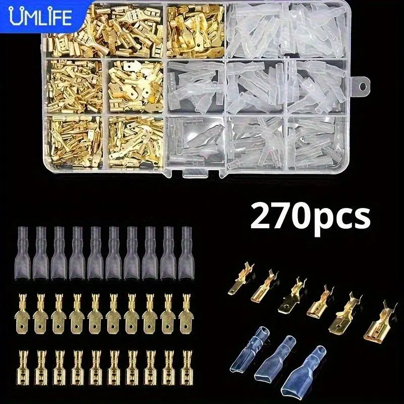1set UMLIFE 270pcs Box Insulated Male Female Wire Connector 2.8/4.8/6.3mm Electrical Crimp Terminals, Quick Splice Wire Spade Connector Crimp Terminal For Electrical Wiring Car Audio Speaker