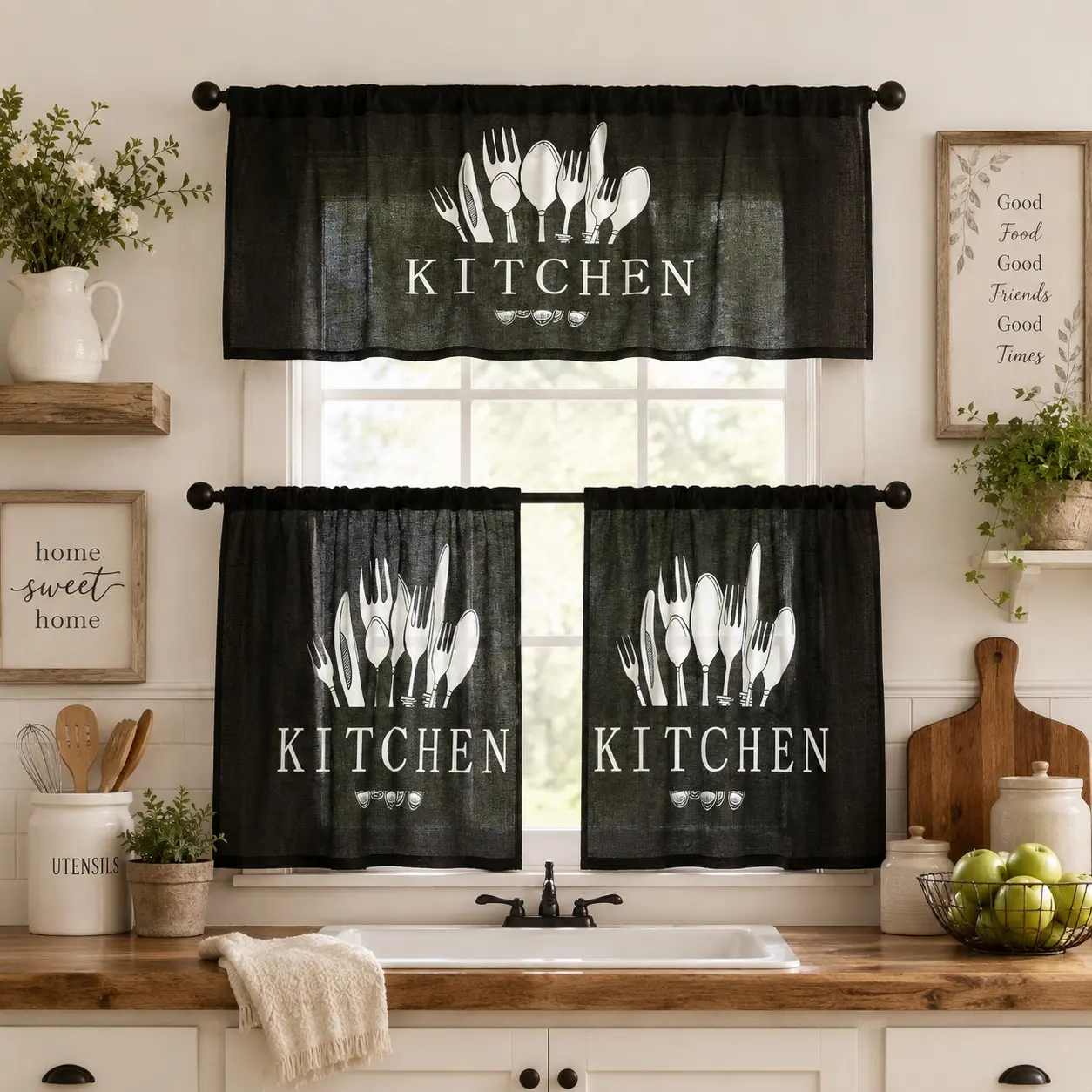 SoftHaven Home 3-Piece All Black USA-Made Kitchen Curtain Set - Minimalist Art Print Polyester Rod Pocket Valance, 2 Tiers, Ideal for Kitchen Decor, 3-Piece Curtains, Art Print Curtains