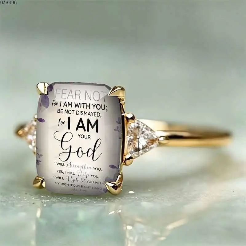 Inspirational Scripture Statement Ring for Women, Gold Plated Adjustable Ring With Faith Quote Print and Cubic Zirconia Accents, Vintage Christian Jewelry for Daily Wear, Prayer, Church and Gift Giving