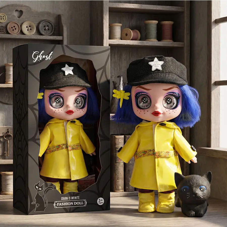 10/13 Inch Caroline Figurine with Accessories, Shiny Big Eyes, Cat + Raincoat, Collectible Doll, 5 Jointed, Articulating Figurines, Fan Favorite
