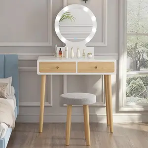 GARVEE31.5" Vanity Desk With Stool, Makeup Table With 2 Drawers, Makeup Vanity Desk With Touch Light Mirror- White