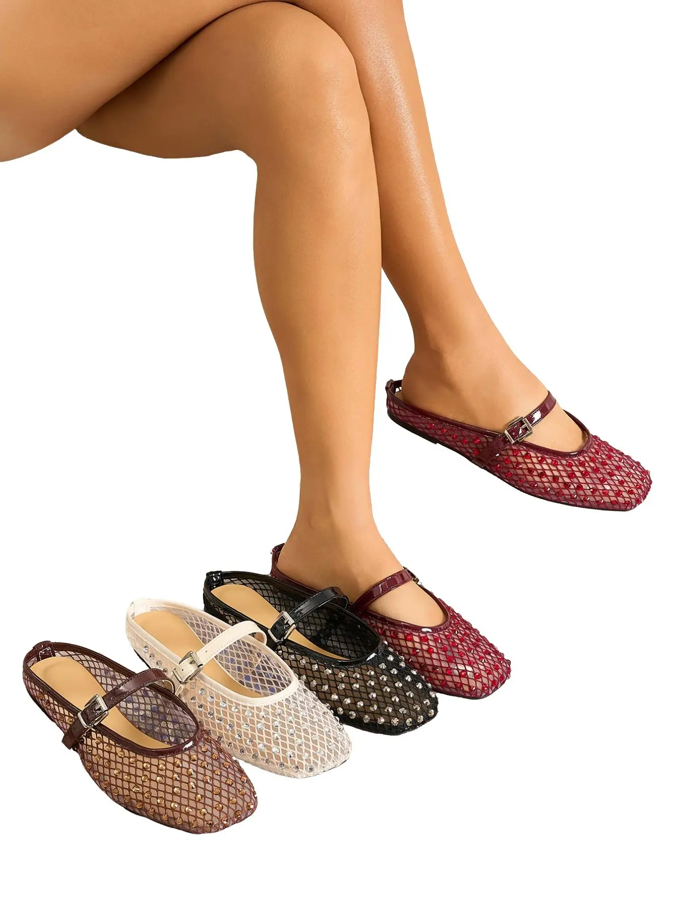 Cool Rhinestone Mary Jane Shoes, Breathable and Luxurious, Square Toe Ballet Flats, Closed Toe Shoes, Elegant Casual Wear, Trendy European Style Footwear